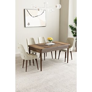 Mabel Barok Desen 80x132 Açılabilir Mdf Masa Yemek Odası Takımı, Mutfak Takımı 4 Adet Sandalye Krem