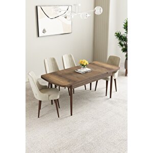 Mabel Barok Desen 80x132 Açılabilir Mdf Masa Yemek Odası Takımı, Mutfak Takımı 4 Adet Sandalye Krem