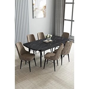 Loft Siyah Mermer 80x132 Açılabilir Mdf Masa Yemek Odası Takımı, Mutfak Takımı 6 Sandalye Cappuccino