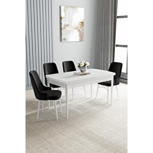 Loft Beyaz 80x132 Açılabilir Mdf Masa Yemek Odası Takımı, Mutfak Takımı 4 Adet Sandalye Siyah