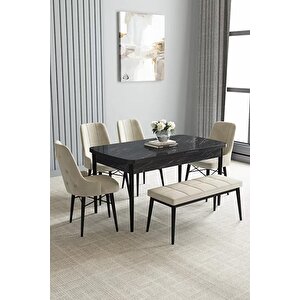 Loft Siyah Mermer 80x132 Açılabilir Mdf Masa Yemek Odası Takımı, Mutfak Takımı 4 Sandalye, 1 Bench Krem