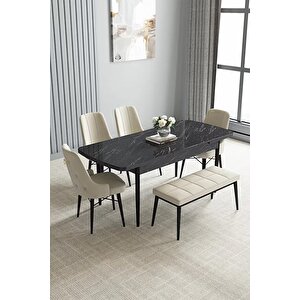 Loft Siyah Mermer 80x132 Açılabilir Mdf Masa Yemek Odası Takımı, Mutfak Takımı 4 Sandalye, 1 Bench Krem