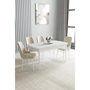 Loft Beyaz 80x132 Açılabilir Mdf Masa Yemek Odası Takımı, Mutfak Takımı 4 Adet Sandalye Krem