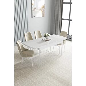 Loft Beyaz 80x132 Açılabilir Mdf Masa Yemek Odası Takımı, Mutfak Takımı 4 Adet Sandalye Krem