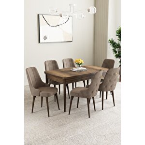 Mabel Barok Desen 80x132 Açılabilir Mdf Masa Yemek Odası Takımı, Mutfak Takımı 6 Adet Sandalye Cappuccino