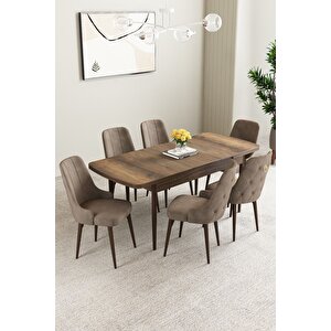 Mabel Barok Desen 80x132 Açılabilir Mdf Masa Yemek Odası Takımı, Mutfak Takımı 6 Adet Sandalye Cappuccino