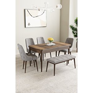 Mabel Barok Desen 80x132 Açılabilir Yemek Odası Takımı 4 Sandalye, 1 Bench Gri
