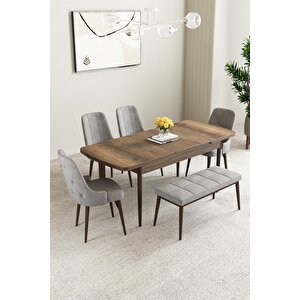 Mabel Barok Desen 80x132 Açılabilir Yemek Odası Takımı 4 Sandalye, 1 Bench Gri