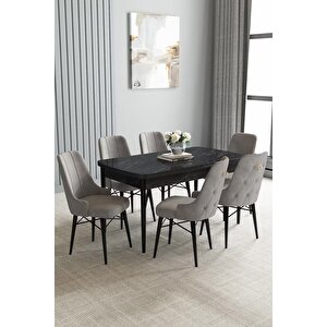 Loft Siyah Mermer 80x132 Açılabilir Mdf Masa Yemek Odası Takımı, Mutfak Takımı 6 Sandalye Gri