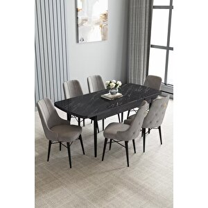 Loft Siyah Mermer 80x132 Açılabilir Mdf Masa Yemek Odası Takımı, Mutfak Takımı 6 Sandalye Gri
