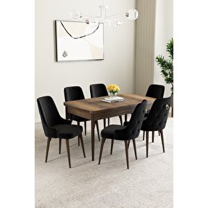 Mabel Barok Desen 80x132 Açılabilir Mdf Masa Yemek Odası Takımı, Mutfak Takımı 6 Adet Sandalye Siyah