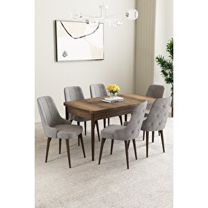 Mabel Barok Desen 80x132 Açılabilir Mdf Masa Yemek Odası Takımı, Mutfak Takımı 6 Adet Sandalye Gri