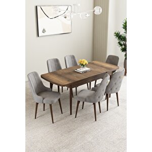 Mabel Barok Desen 80x132 Açılabilir Mdf Masa Yemek Odası Takımı, Mutfak Takımı 6 Adet Sandalye Gri