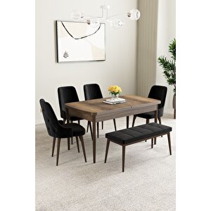 Mabel Barok Desen 80x132 Açılabilir Yemek Odası Takımı 4 Sandalye, 1 Bench Siyah