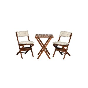 Ahşap Katlanır Minderli 3'lü Bistro Set Mutfak Balkon Bahçe Masa Sandalye Seti Ceviz Krem
