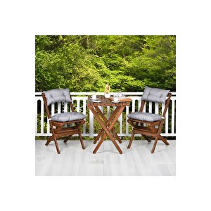 Ahşap Katlanır Minderli 3'lü Bistro Set Mutfak Balkon Bahçe Masa Sandalye Seti Ceviz Gri
