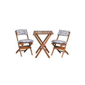 Ahşap Katlanır Minderli 3'lü Bistro Set Mutfak Balkon Bahçe Masa Sandalye Seti Ceviz Gri