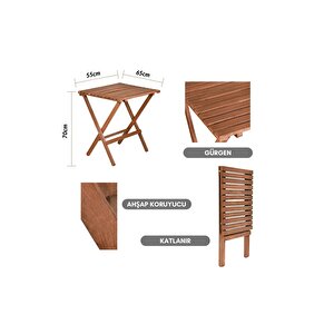 Ahşap Katlanır Minderli 3'lü Bistro Set Mutfak Balkon Bahçe Masa Sandalye Seti Ceviz Gri