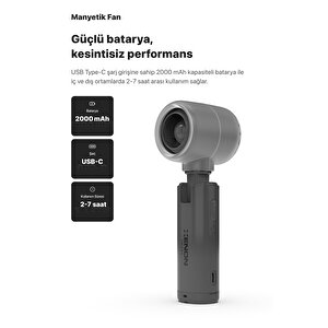 Taşınabilir Şarjlı 5 Kademeli El Fanı 7 Saat Kullanım 14000 Rpm Sessiz Mini Vantilatör Gri X6101