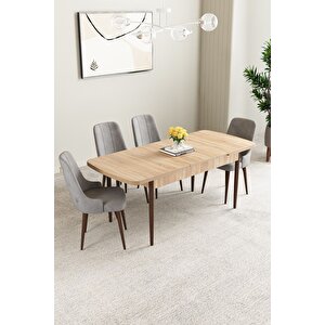 Mabel Meşe Desen 80x132 Açılabilir Mdf Masa Yemek Odası Takımı, Mutfak Takımı 4 Adet Sandalye Gri