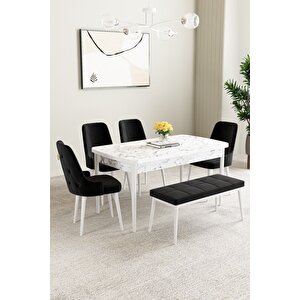 Mabel Beyaz Mermer 80x132 Açılabilir Mdf Masa Yemek Odası Takımı,mutfak Takımı 4 Sandalye, 1 Bench Siyah