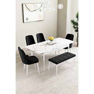 Mabel Beyaz Mermer 80x132 Açılabilir Mdf Masa Yemek Odası Takımı,mutfak Takımı 4 Sandalye, 1 Bench Siyah