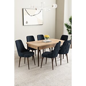 Mabel Meşe Desen 80x132 Açılabilir Mdf Masa Yemek Odası Takımı, Mutfak Takımı 6 Adet Sandalye Antrasit