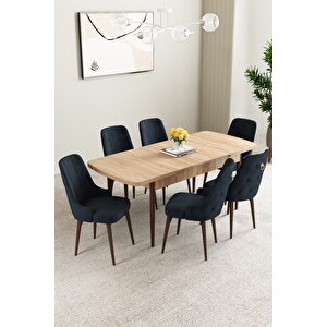 Mabel Meşe Desen 80x132 Açılabilir Mdf Masa Yemek Odası Takımı, Mutfak Takımı 6 Adet Sandalye Antrasit