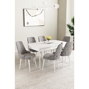 Mabel Beyaz 80x132 Açılabilir Mdf Masa Yemek Odası Takımı, Mutfak Takımı 6 Adet Sandalye Gri
