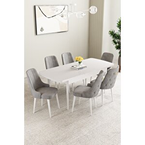Mabel Beyaz 80x132 Açılabilir Mdf Masa Yemek Odası Takımı, Mutfak Takımı 6 Adet Sandalye Gri