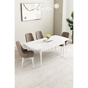 Mabel Beyaz 80x132 Açılabilir Mdf Masa Yemek Odası Takımı, Mutfak Takımı 4 Adet Sandalye Cappuccino