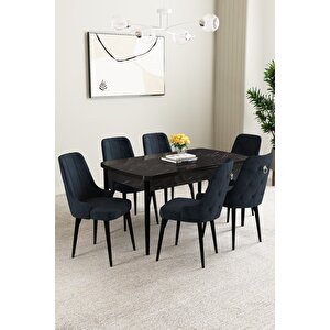Mabel Siyah Mermer Desen 80x132 Açılabilir Mdf Masa Yemek Odası Takımı, Mutfak Takımı 6 Adet Sandalye Antrasit