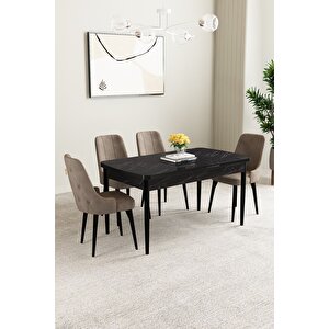 Mabel Siyah Mermer Desen 80x132 Açılabilir Mdf Masa Yemek Odası Takımı, Mutfak Takımı 4 Adet Sandalye Cappuccino
