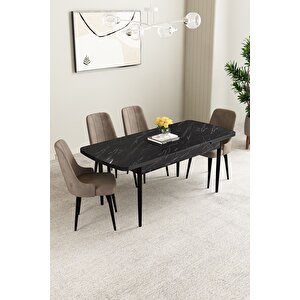 Mabel Siyah Mermer Desen 80x132 Açılabilir Mdf Masa Yemek Odası Takımı, Mutfak Takımı 4 Adet Sandalye Cappuccino