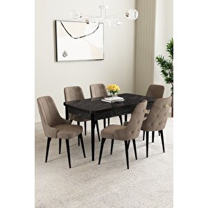 Mabel Siyah Mermer Desen 80x132 Açılabilir Mdf Masa Yemek Odası Takımı, Mutfak Takımı 6 Adet Sandalye Cappuccino