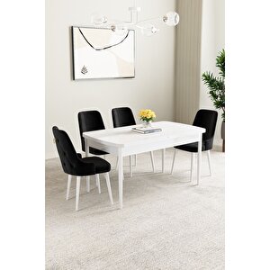 Mabel Beyaz 80x132 Açılabilir Mdf Masa Yemek Odası Takımı, Mutfak Takımı 4 Adet Sandalye Siyah