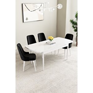 Mabel Beyaz 80x132 Açılabilir Mdf Masa Yemek Odası Takımı, Mutfak Takımı 4 Adet Sandalye Siyah
