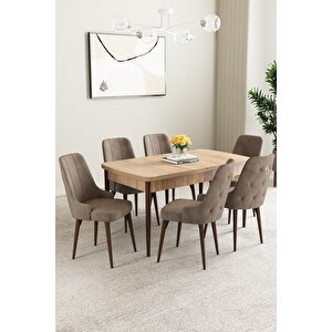 Mabel Meşe Desen 80x132 Açılabilir Mdf Masa Yemek Odası Takımı, Mutfak Takımı 6 Adet Sandalye Cappuccino