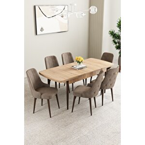 Mabel Meşe Desen 80x132 Açılabilir Mdf Masa Yemek Odası Takımı, Mutfak Takımı 6 Adet Sandalye Cappuccino