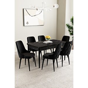 Mabel Siyah Mermer Desen 80x132 Açılabilir Mdf Masa Yemek Odası Takımı, Mutfak Takımı 6 Adet Sandalye Siyah
