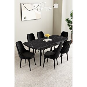 Mabel Siyah Mermer Desen 80x132 Açılabilir Mdf Masa Yemek Odası Takımı, Mutfak Takımı 6 Adet Sandalye Siyah