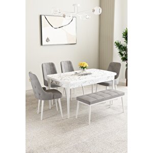 Mabel Beyaz Mermer 80x132 Açılabilir Mdf Masa Yemek Odası Takımı,mutfak Takımı 4 Sandalye, 1 Bench Gri