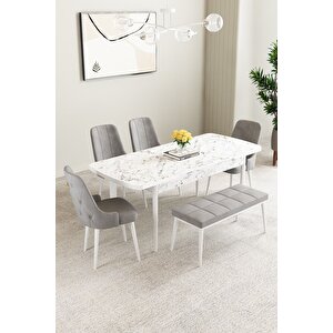 Mabel Beyaz Mermer 80x132 Açılabilir Mdf Masa Yemek Odası Takımı,mutfak Takımı 4 Sandalye, 1 Bench Gri