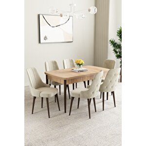 Mabel Meşe Desen 80x132 Açılabilir Mdf Masa Yemek Odası Takımı, Mutfak Takımı 6 Adet Sandalye Krem