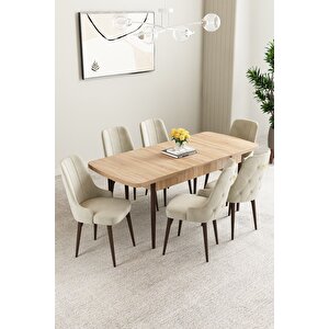 Mabel Meşe Desen 80x132 Açılabilir Mdf Masa Yemek Odası Takımı, Mutfak Takımı 6 Adet Sandalye Krem