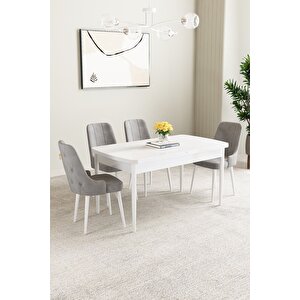Mabel Beyaz 80x132 Açılabilir Mdf Masa Yemek Odası Takımı, Mutfak Takımı 4 Adet Sandalye Gri