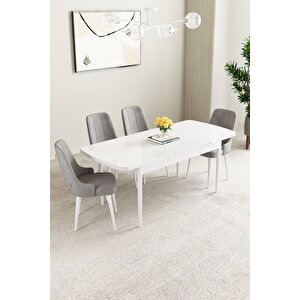Mabel Beyaz 80x132 Açılabilir Mdf Masa Yemek Odası Takımı, Mutfak Takımı 4 Adet Sandalye Gri