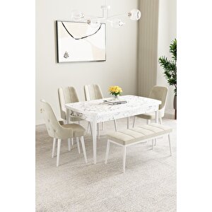 Mabel Beyaz Mermer 80x132 Açılabilir Mdf Masa Yemek Odası Takımı,mutfak Takımı 4 Sandalye, 1 Bench Krem