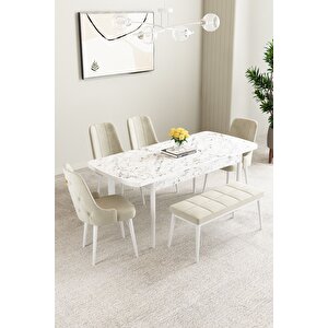 Mabel Beyaz Mermer 80x132 Açılabilir Mdf Masa Yemek Odası Takımı,mutfak Takımı 4 Sandalye, 1 Bench Krem