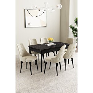Mabel Siyah Mermer Desen 80x132 Açılabilir Mdf Masa Yemek Odası Takımı, Mutfak Takımı 6 Adet Sandalye Krem